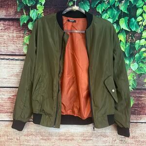 Zeagoo Full Zip Bomber Jacket Unisex Small Y2K Streetwear Green Orange Rust